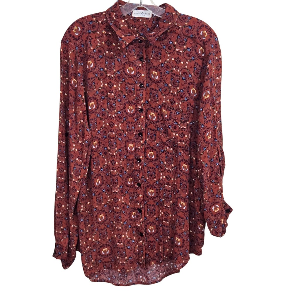 Natural Life Button Up Shirt Womens XL Rust Brown Floral Rayon Roll Tab Sleeve